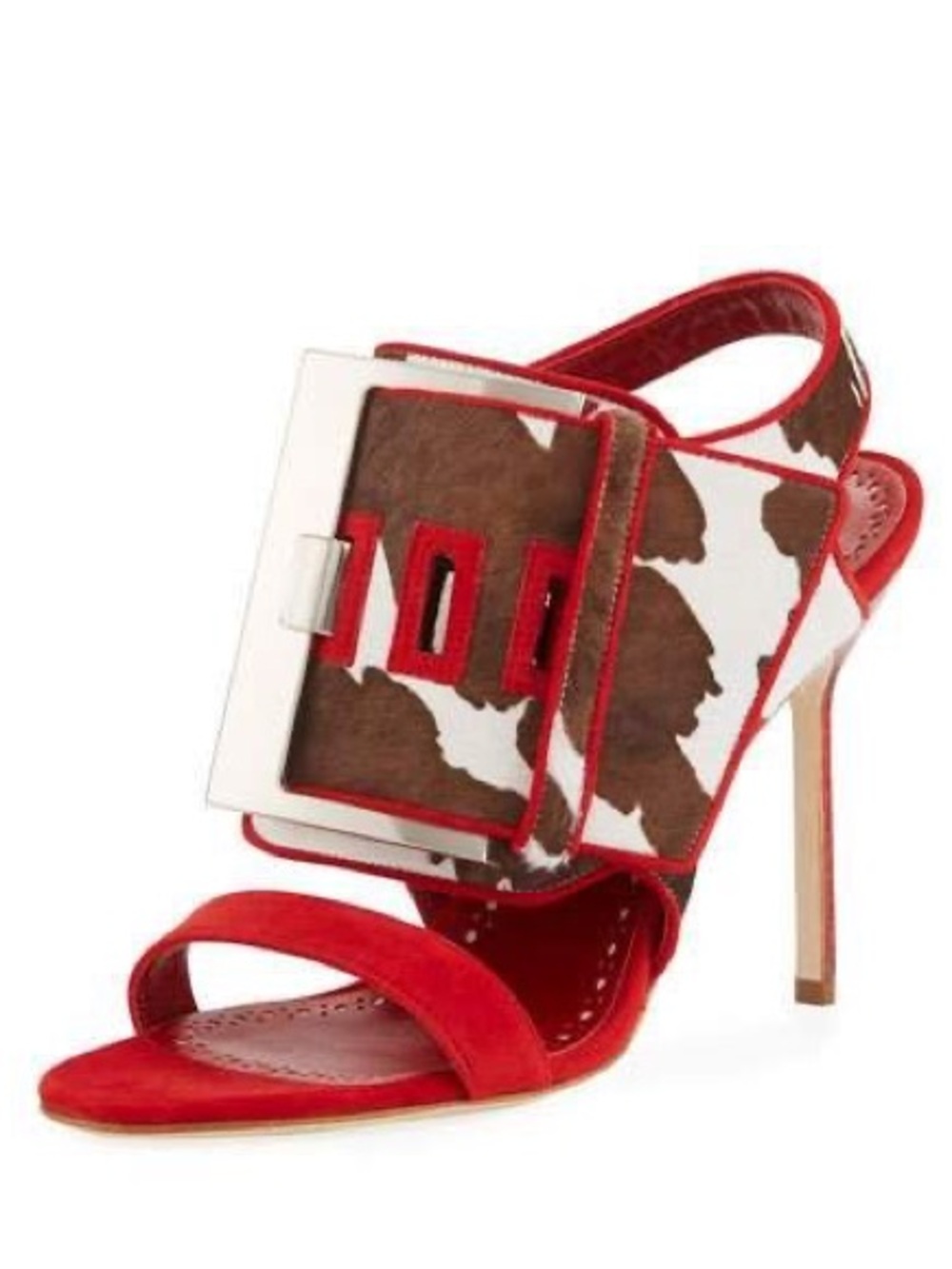 Manolo Blahnik Marta Mucco Red Cow Print Calf Hair Buckle Sandals Heels IT 37
